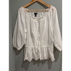 Lauren Ralph Lauren White Eyelet Cotton Peasant Top Medium